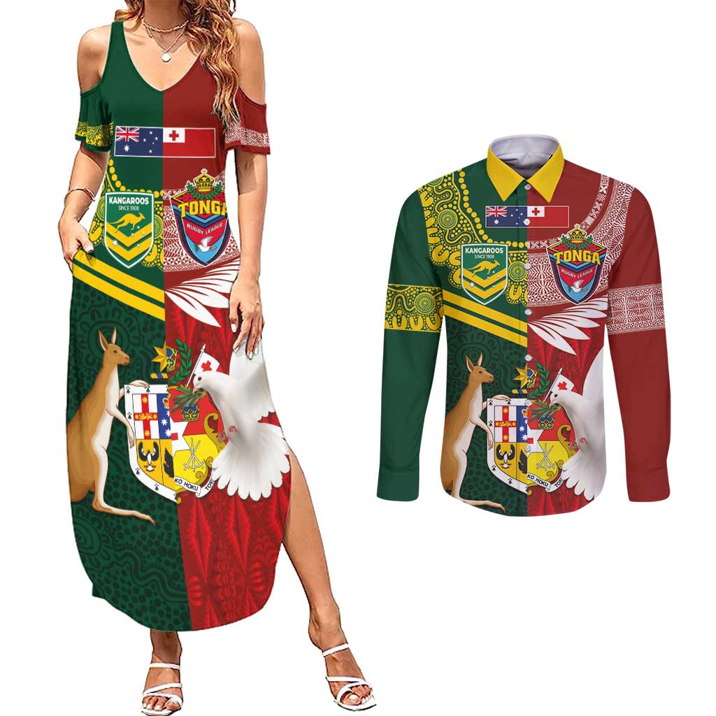 Custom Mate Ma'a Tonga and Australia Kangaroo Couples Matching Summer Maxi Dress and Long Sleeve Button Shirt Nation Seal with Mascot Aboriginal and Tongan Kupesi Ngatu Art