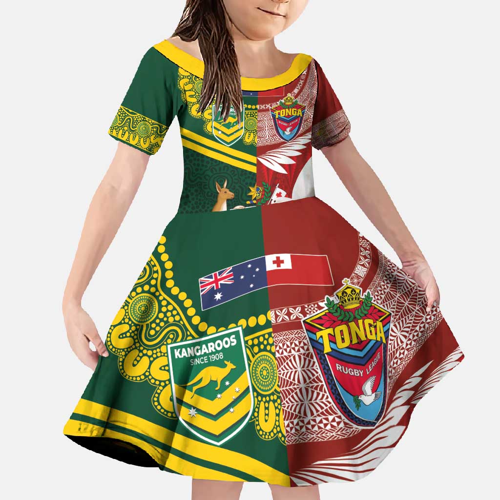 Custom Mate Ma'a Tonga and Australia Kangaroo Family Matching Long Sleeve Bodycon Dress and Hawaiian Shirt Nation Seal with Mascot Aboriginal and Tongan Kupesi Ngatu Art LT03 Daughter's Dress Red - Polynesian Pride