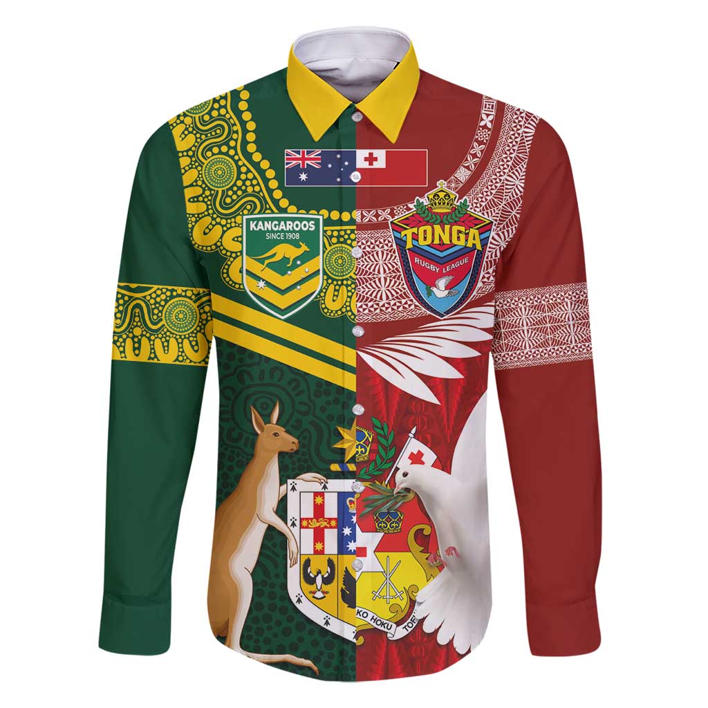 Custom Mate Ma'a Tonga and Australia Kangaroo Family Matching Long Sleeve Bodycon Dress and Hawaiian Shirt Nation Seal with Mascot Aboriginal and Tongan Kupesi Ngatu Art LT03 Dad's Shirt - Long Sleeve Red - Polynesian Pride