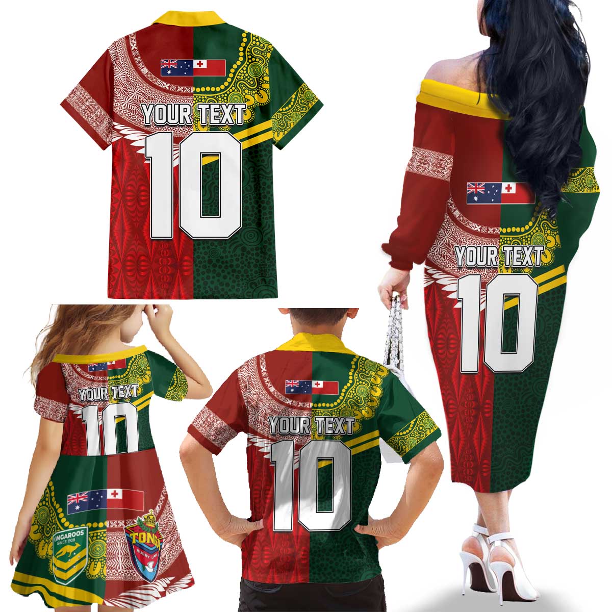 Custom Mate Ma'a Tonga and Australia Kangaroo Family Matching Off The Shoulder Long Sleeve Dress and Hawaiian Shirt Nation Seal with Mascot Aboriginal and Tongan Kupesi Ngatu Art