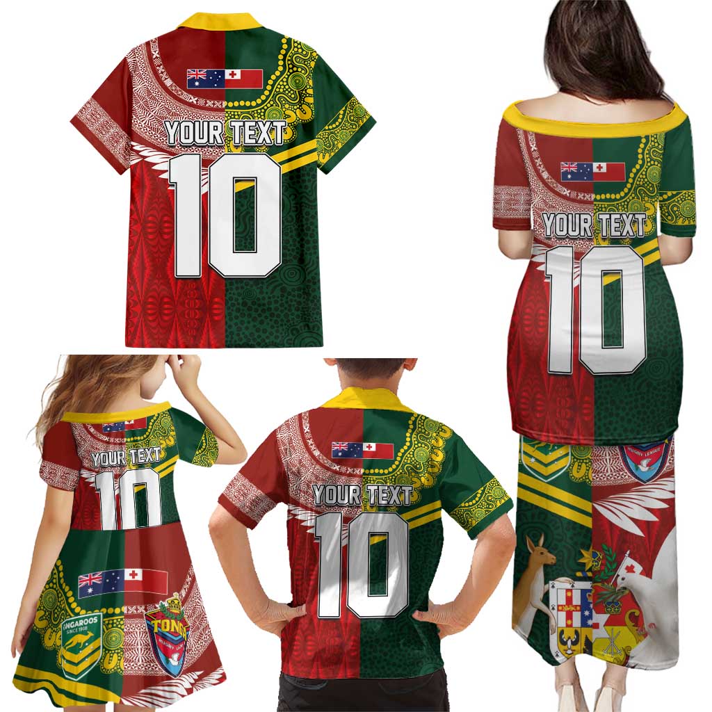 Custom Mate Ma'a Tonga and Australia Kangaroo Family Matching Puletasi and Hawaiian Shirt Nation Seal with Mascot Aboriginal and Tongan Kupesi Ngatu Art