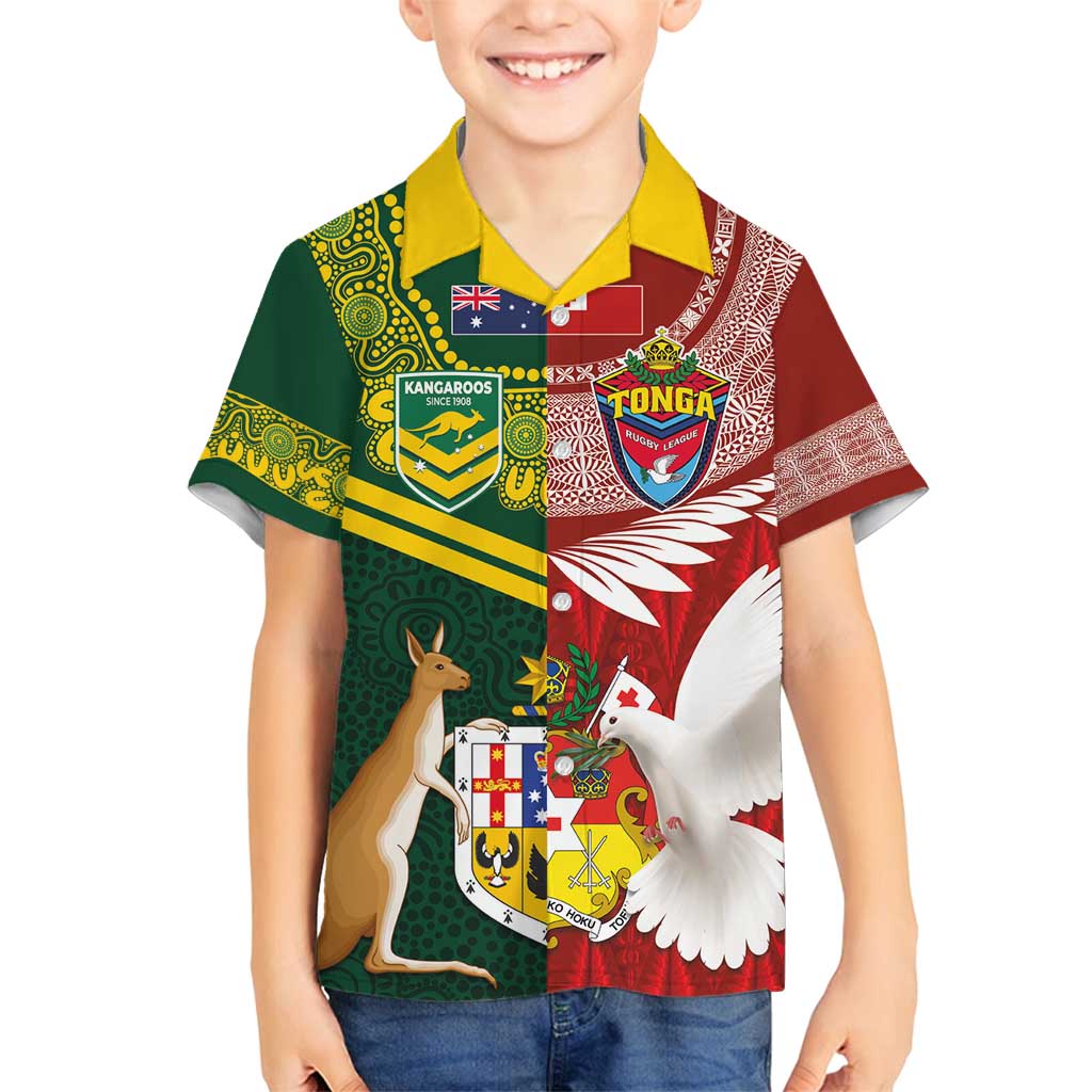 Custom Mate Ma'a Tonga and Australia Kangaroo Family Matching Tank Maxi Dress and Hawaiian Shirt Nation Seal with Mascot Aboriginal and Tongan Kupesi Ngatu Art LT03 Son's Shirt Red - Polynesian Pride