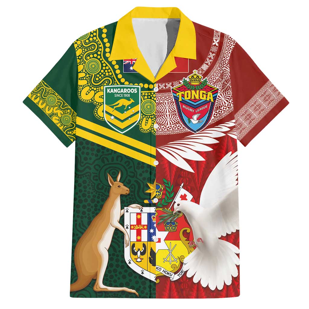 Custom Mate Ma'a Tonga and Australia Kangaroo Hawaiian Shirt Nation Seal with Mascot Aboriginal and Tongan Kupesi Ngatu Art