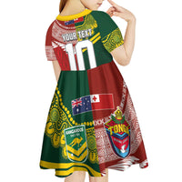 Custom Mate Ma'a Tonga and Australia Kangaroo Kid Short Sleeve Dress Nation Seal with Mascot Aboriginal and Tongan Kupesi Ngatu Art