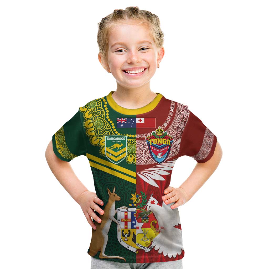 Custom Mate Ma'a Tonga and Australia Kangaroo Kid T Shirt Nation Seal with Mascot Aboriginal and Tongan Kupesi Ngatu Art