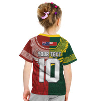 Custom Mate Ma'a Tonga and Australia Kangaroo Kid T Shirt Nation Seal with Mascot Aboriginal and Tongan Kupesi Ngatu Art