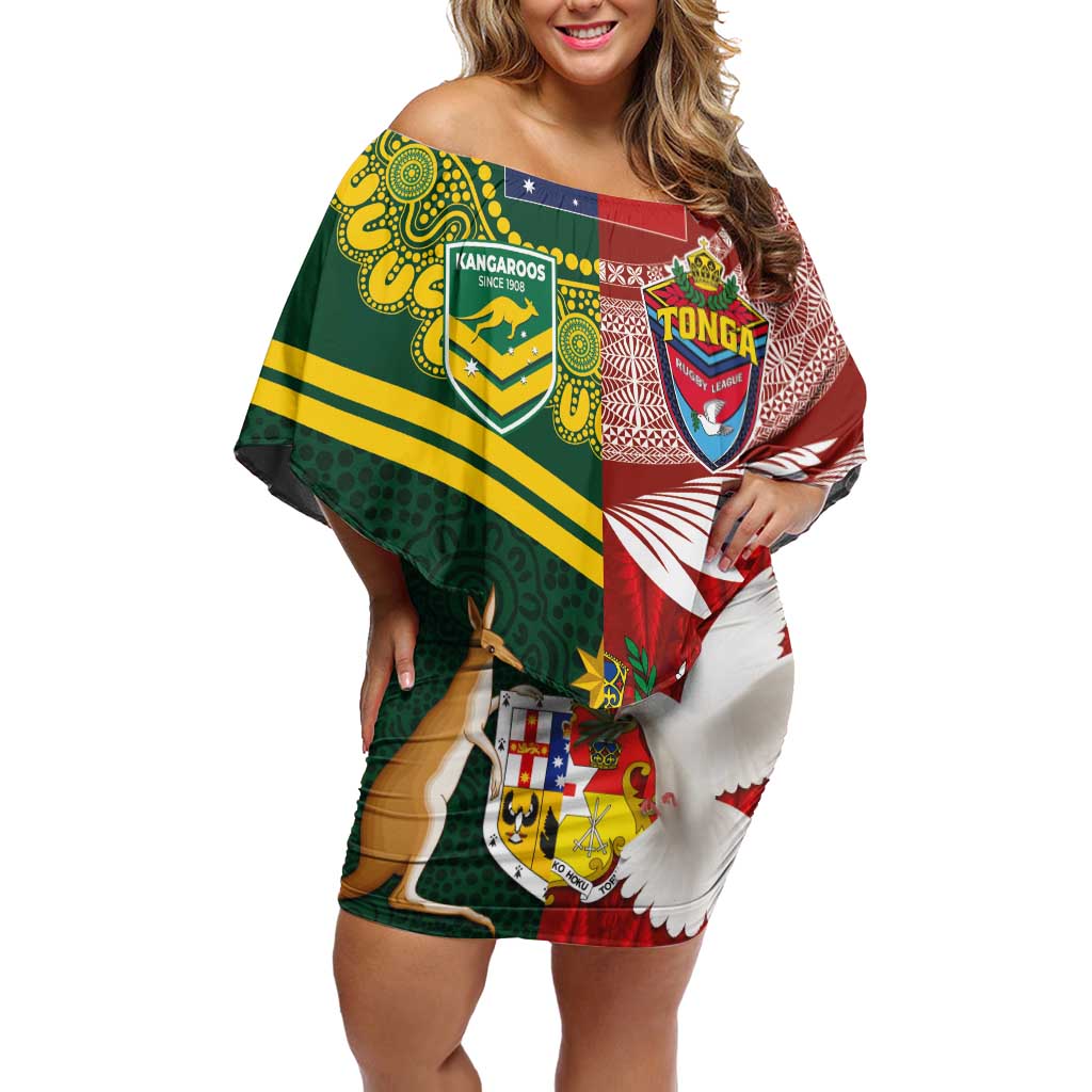 Custom Mate Ma'a Tonga and Australia Kangaroo Off Shoulder Short Dress Nation Seal with Mascot Aboriginal and Tongan Kupesi Ngatu Art