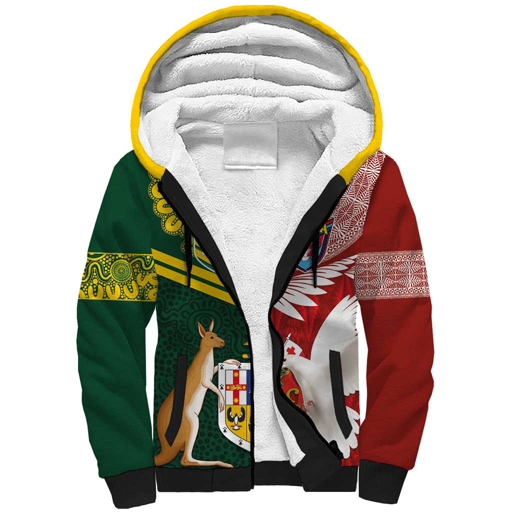 Custom Mate Ma'a Tonga and Australia Kangaroo Sherpa Hoodie Nation Seal with Mascot Aboriginal and Tongan Kupesi Ngatu Art