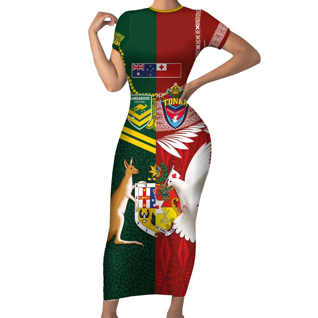 Custom Mate Ma'a Tonga and Australia Kangaroo Short Sleeve Bodycon Dress Nation Seal with Mascot Aboriginal and Tongan Kupesi Ngatu Art