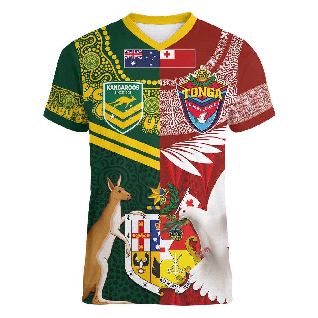 Custom Mate Ma'a Tonga and Australia Kangaroo Women V-Neck T-Shirt Nation Seal with Mascot Aboriginal and Tongan Kupesi Ngatu Art