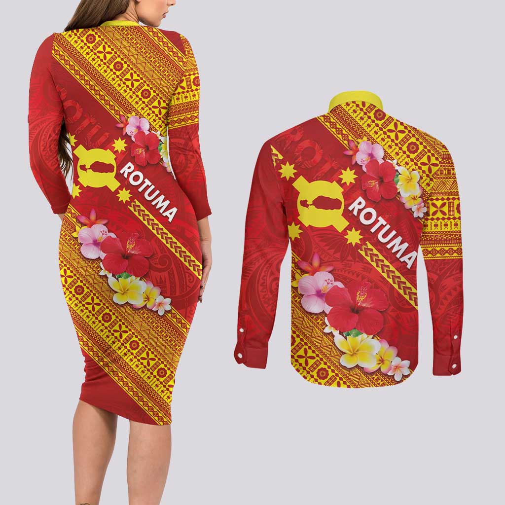 Rotuma Island Couples Matching Long Sleeve Bodycon Dress and Long Sleeve Button Shirt Fijian Tapa with Polynesian Art and Hibiscus