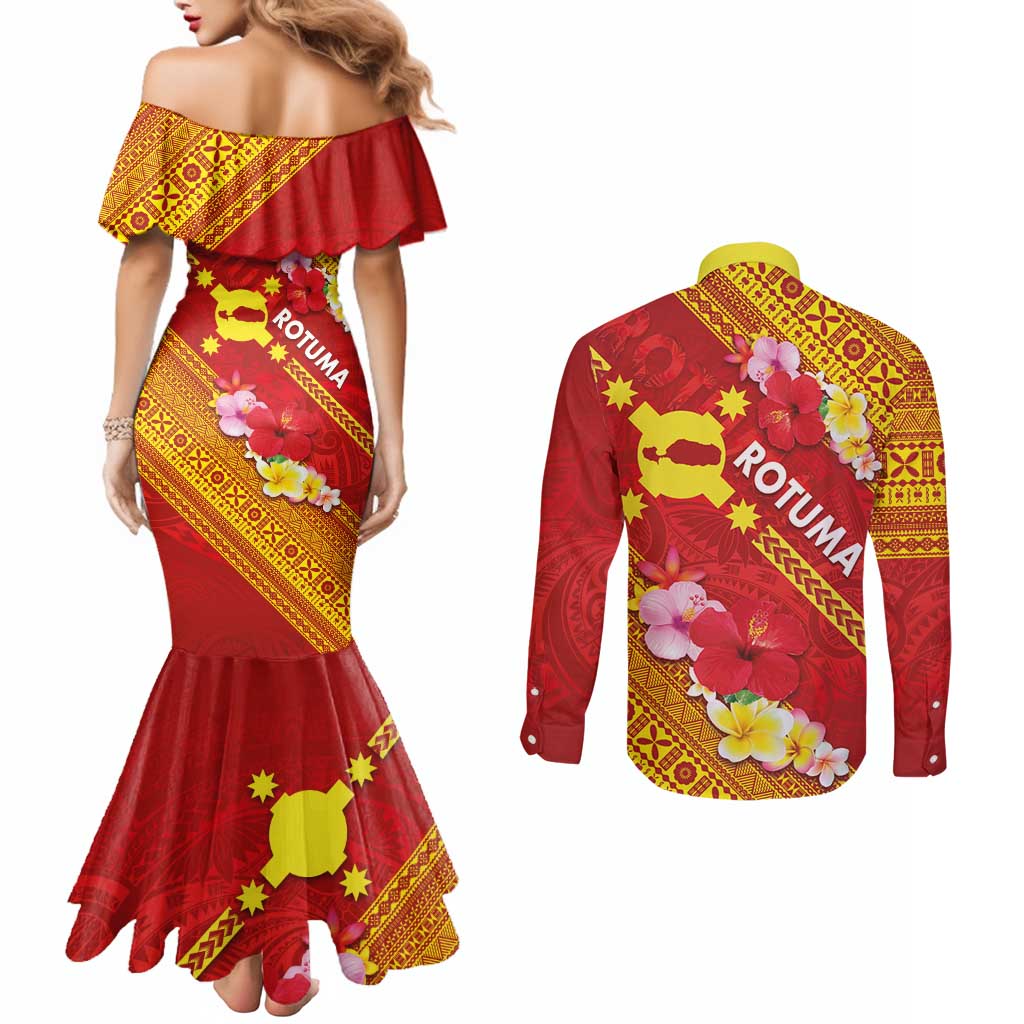Rotuma Island Couples Matching Mermaid Dress and Long Sleeve Button Shirt Fijian Tapa with Polynesian Art and Hibiscus