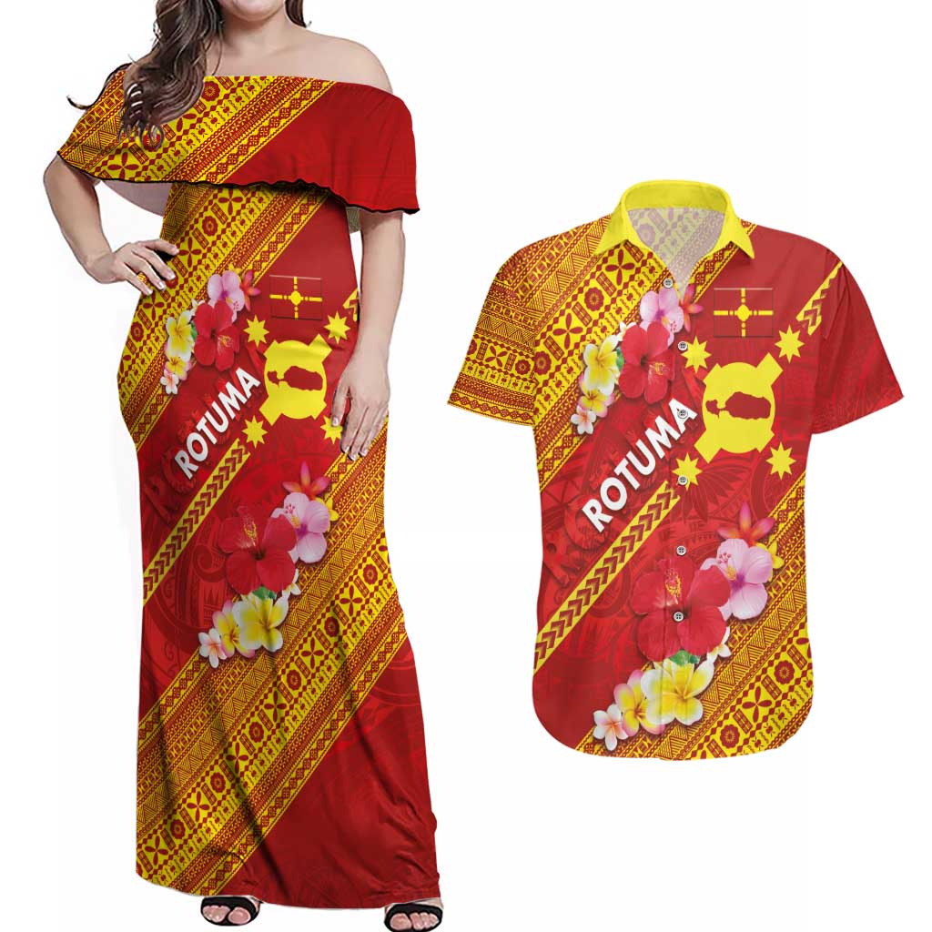 Rotuma Island Couples Matching Off Shoulder Maxi Dress and Hawaiian Shirt Fijian Tapa with Polynesian Art and Hibiscus