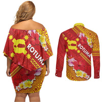 Rotuma Island Couples Matching Off Shoulder Short Dress and Long Sleeve Button Shirt Fijian Tapa with Polynesian Art and Hibiscus