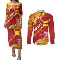 Rotuma Island Couples Matching Puletasi and Long Sleeve Button Shirt Fijian Tapa with Polynesian Art and Hibiscus