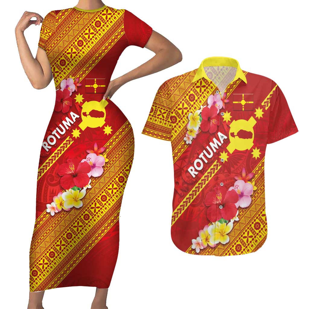 Rotuma Island Couples Matching Short Sleeve Bodycon Dress and Hawaiian Shirt Fijian Tapa with Polynesian Art and Hibiscus