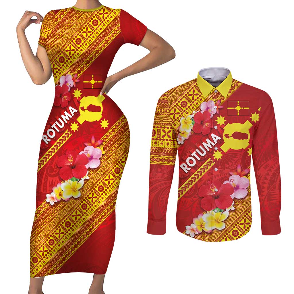 Rotuma Island Couples Matching Short Sleeve Bodycon Dress and Long Sleeve Button Shirt Fijian Tapa with Polynesian Art and Hibiscus