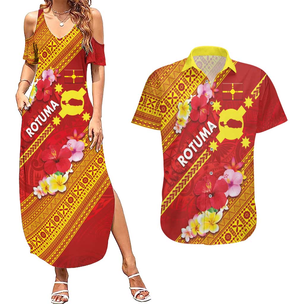 Rotuma Island Couples Matching Summer Maxi Dress and Hawaiian Shirt Fijian Tapa with Polynesian Art and Hibiscus
