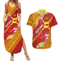 Rotuma Island Couples Matching Summer Maxi Dress and Hawaiian Shirt Fijian Tapa with Polynesian Art and Hibiscus