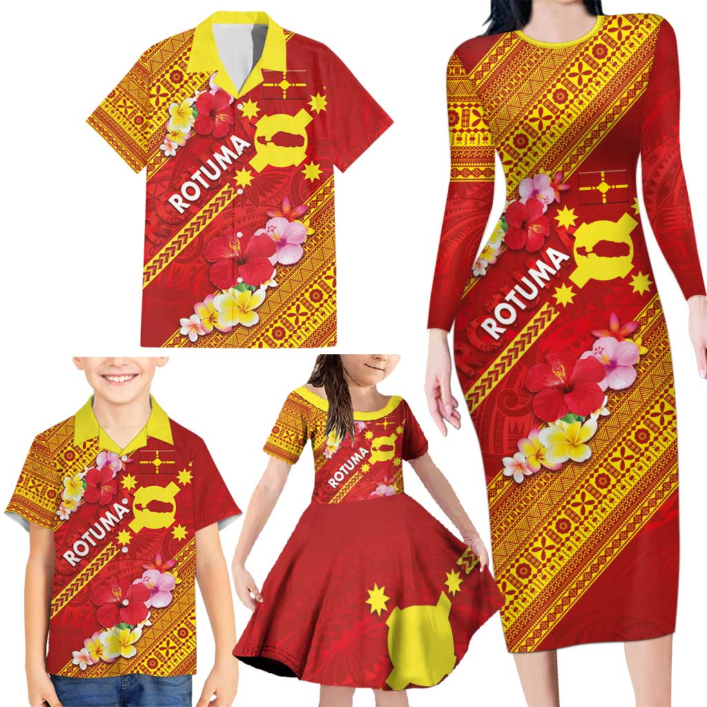 Rotuma Island Family Matching Long Sleeve Bodycon Dress and Hawaiian Shirt Fijian Tapa with Polynesian Art and Hibiscus