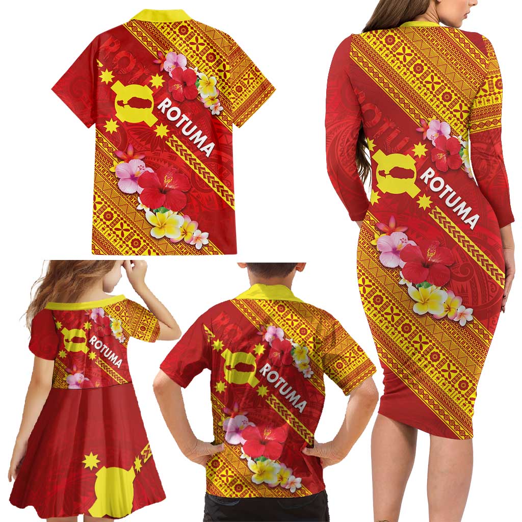 Rotuma Island Family Matching Long Sleeve Bodycon Dress and Hawaiian Shirt Fijian Tapa with Polynesian Art and Hibiscus
