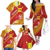 Rotuma Island Family Matching Off The Shoulder Long Sleeve Dress and Hawaiian Shirt Fijian Tapa with Polynesian Art and Hibiscus