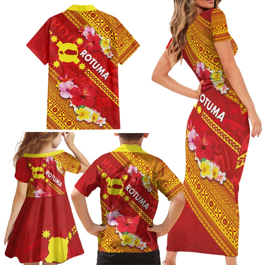 Rotuma Island Family Matching Short Sleeve Bodycon Dress and Hawaiian Shirt Fijian Tapa with Polynesian Art and Hibiscus