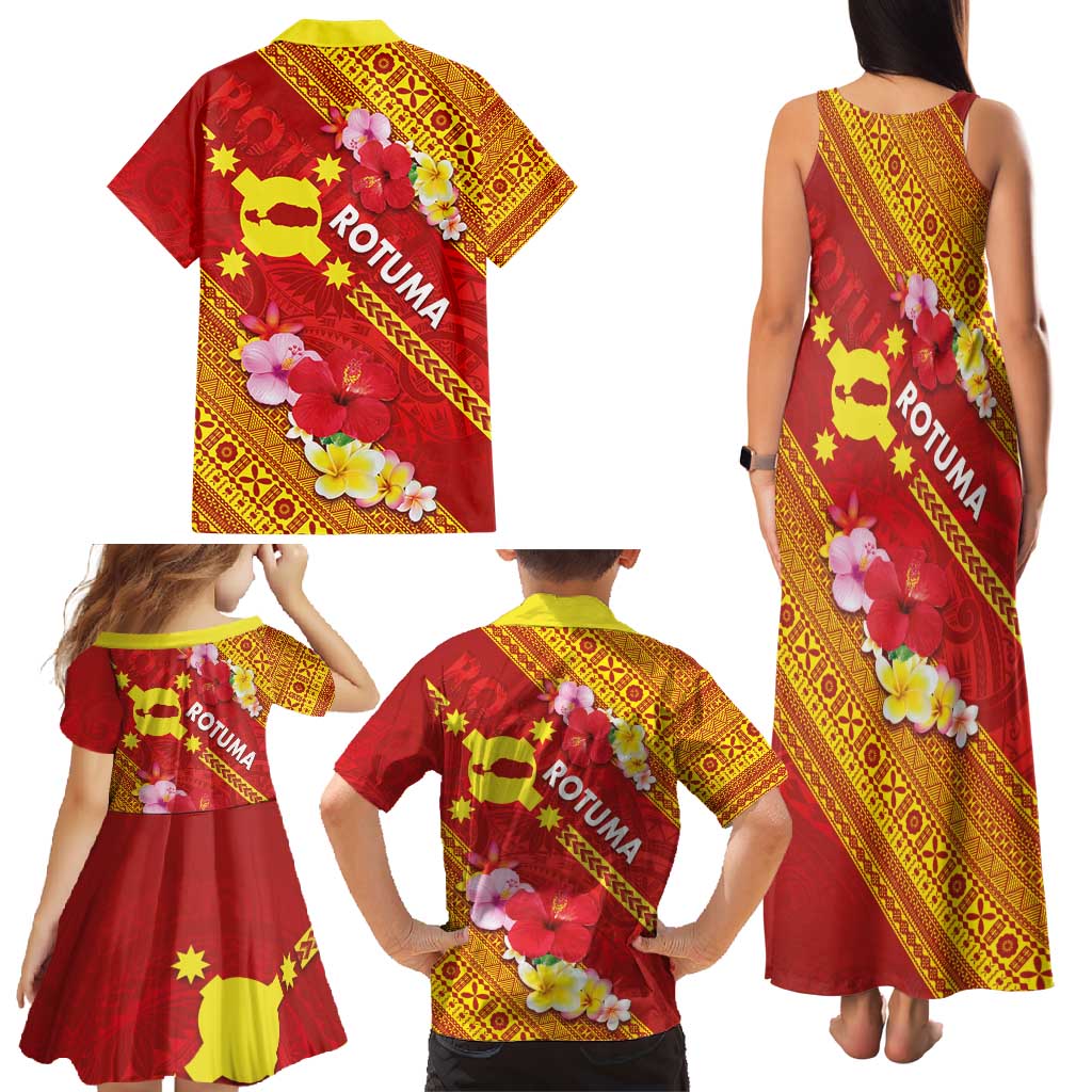 Rotuma Island Family Matching Tank Maxi Dress and Hawaiian Shirt Fijian Tapa with Polynesian Art and Hibiscus
