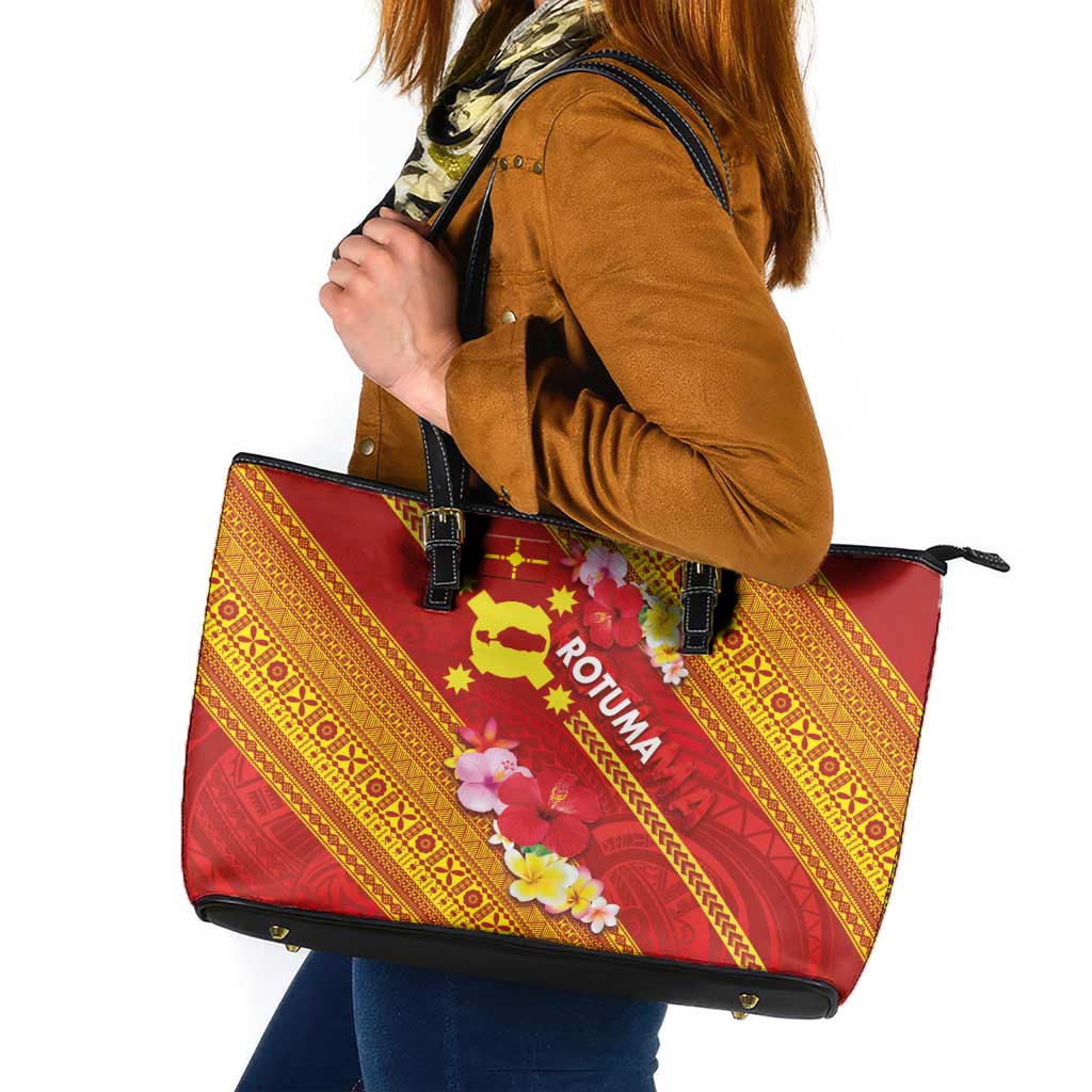 Rotuma Island Leather Tote Bag Fijian Tapa with Polynesian Art and Hibiscus LT03 Red - Polynesian Pride