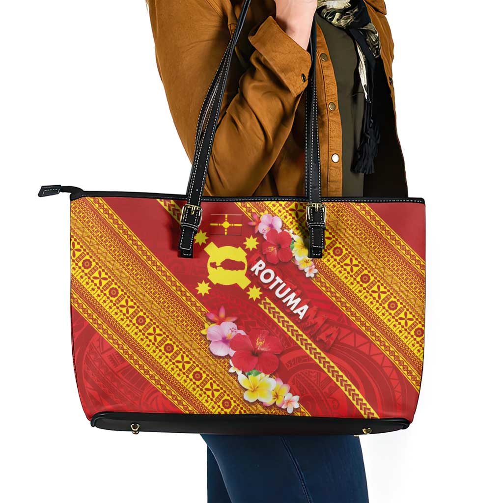 Rotuma Island Leather Tote Bag Fijian Tapa with Polynesian Art and Hibiscus LT03 - Polynesian Pride