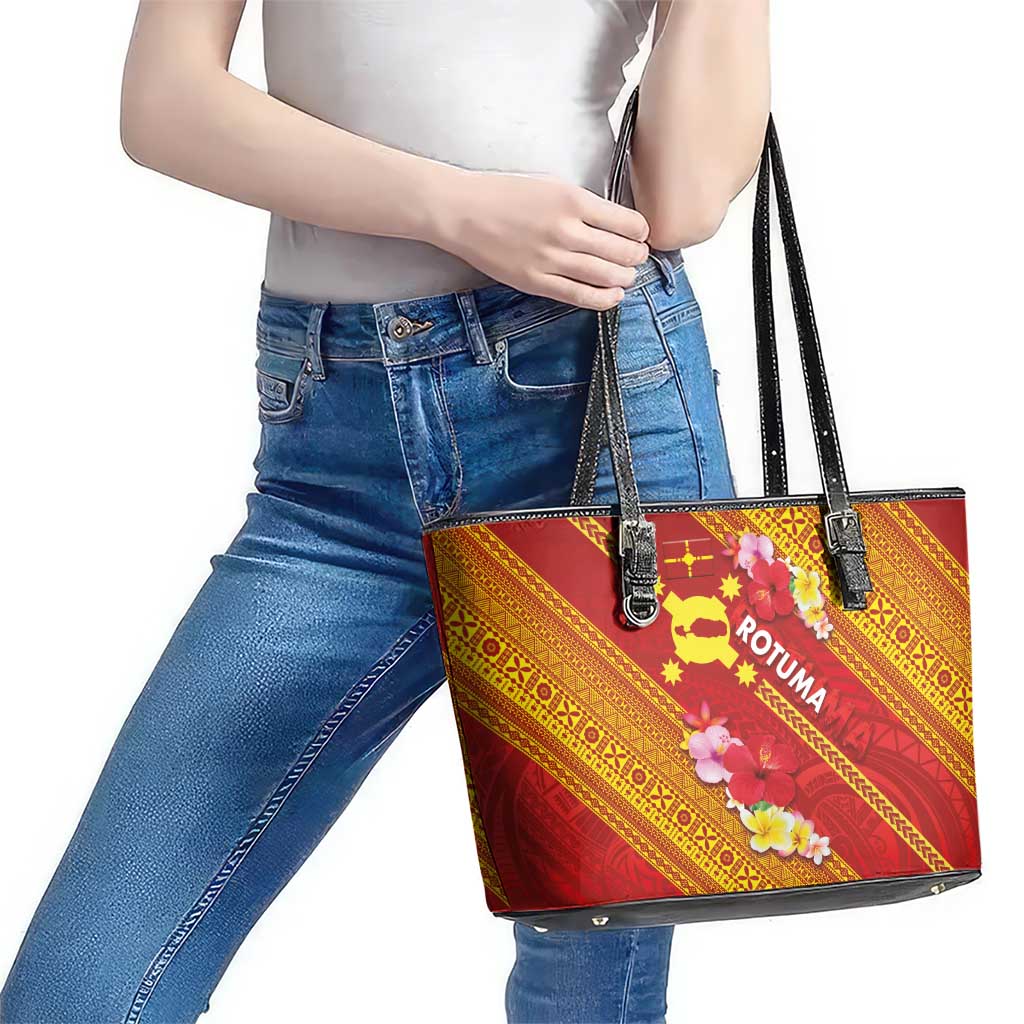 Rotuma Island Leather Tote Bag Fijian Tapa with Polynesian Art and Hibiscus LT03 - Polynesian Pride
