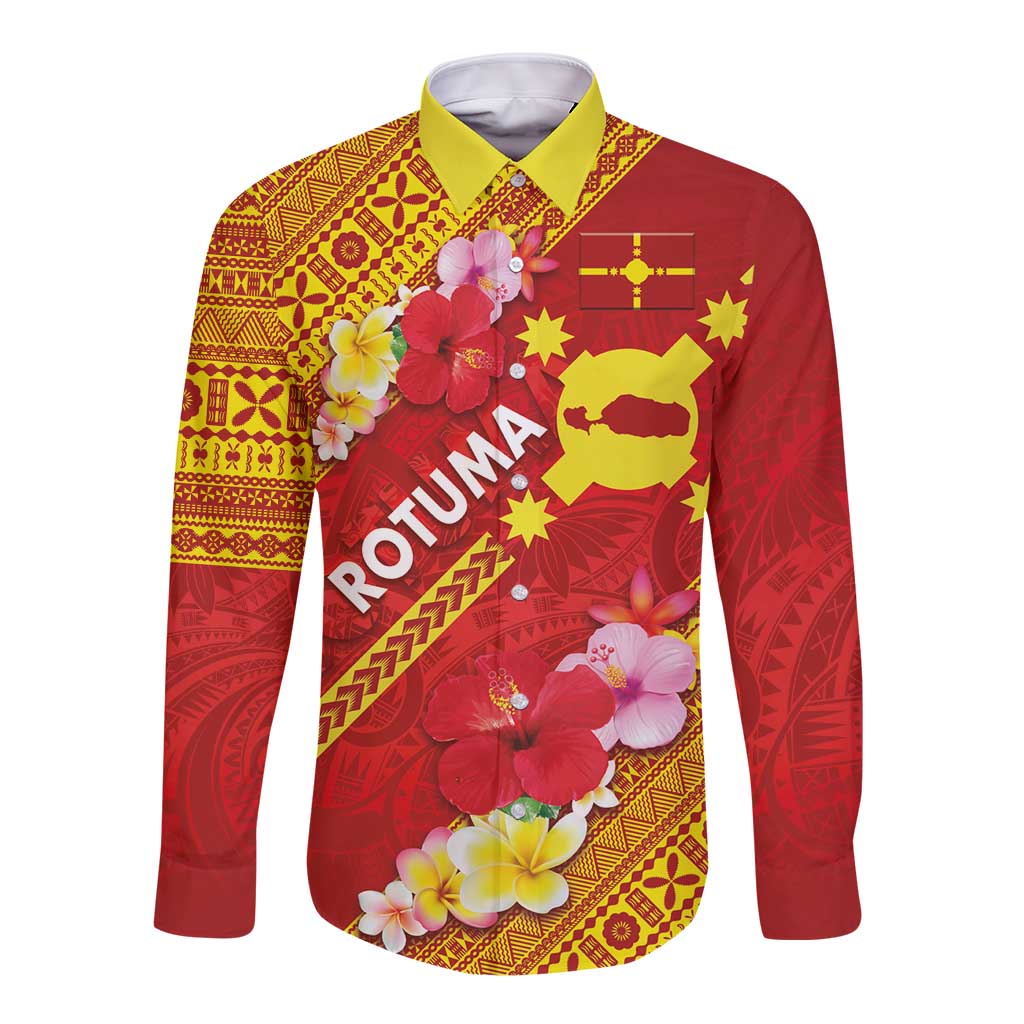 Rotuma Island Long Sleeve Button Shirt Fijian Tapa with Polynesian Art and Hibiscus LT03 Unisex Red - Polynesian Pride