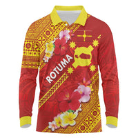Rotuma Island Long Sleeve Polo Shirt Fijian Tapa with Polynesian Art and Hibiscus LT03 Red - Polynesian Pride