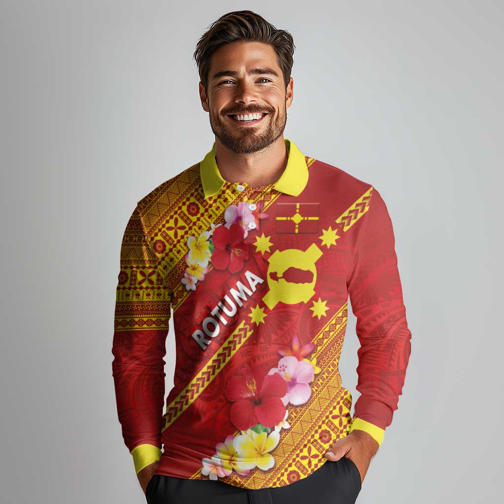 Rotuma Island Long Sleeve Polo Shirt Fijian Tapa with Polynesian Art and Hibiscus LT03 - Polynesian Pride