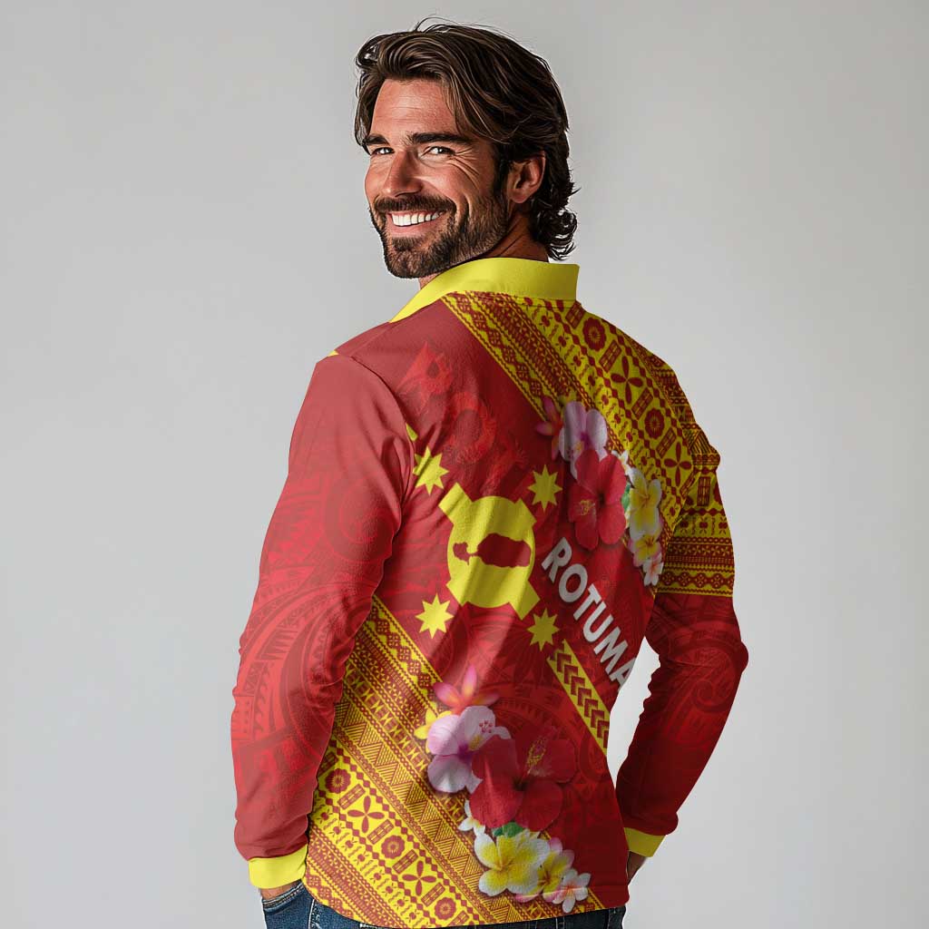 Rotuma Island Long Sleeve Polo Shirt Fijian Tapa with Polynesian Art and Hibiscus LT03 - Polynesian Pride