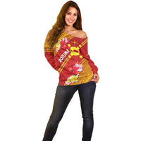 Rotuma Island Off Shoulder Sweater Fijian Tapa with Polynesian Art and Hibiscus