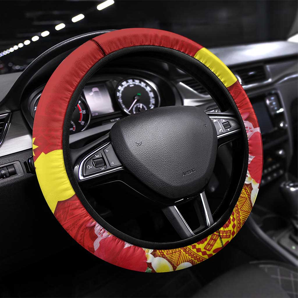 Rotuma Island Steering Wheel Cover Fijian Tapa with Polynesian Art and Hibiscus