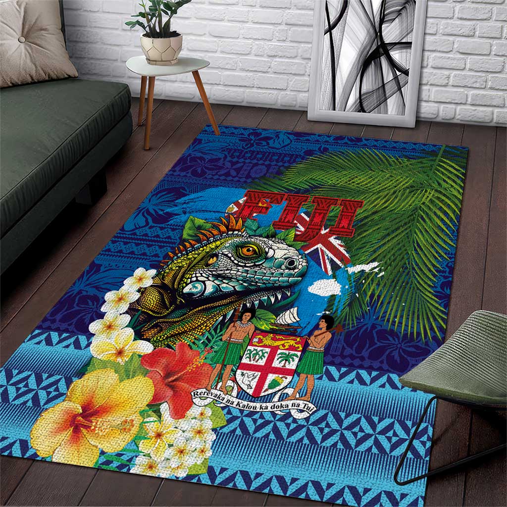 Fiji Iguana-Coat of Arms Area Rug with Hibiscus and Plumeria Palm Tree Tapa Art