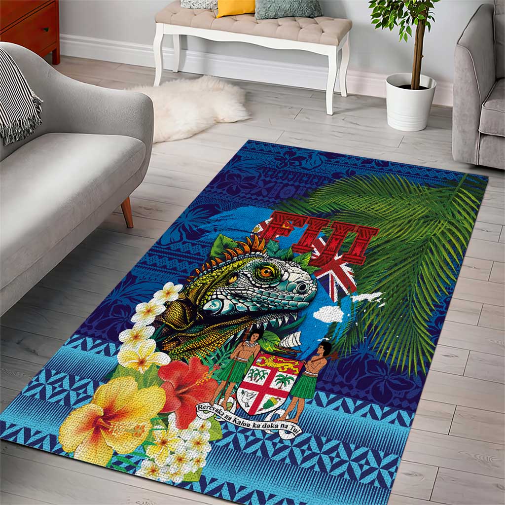 Fiji Iguana-Coat of Arms Area Rug with Hibiscus and Plumeria Palm Tree Tapa Art