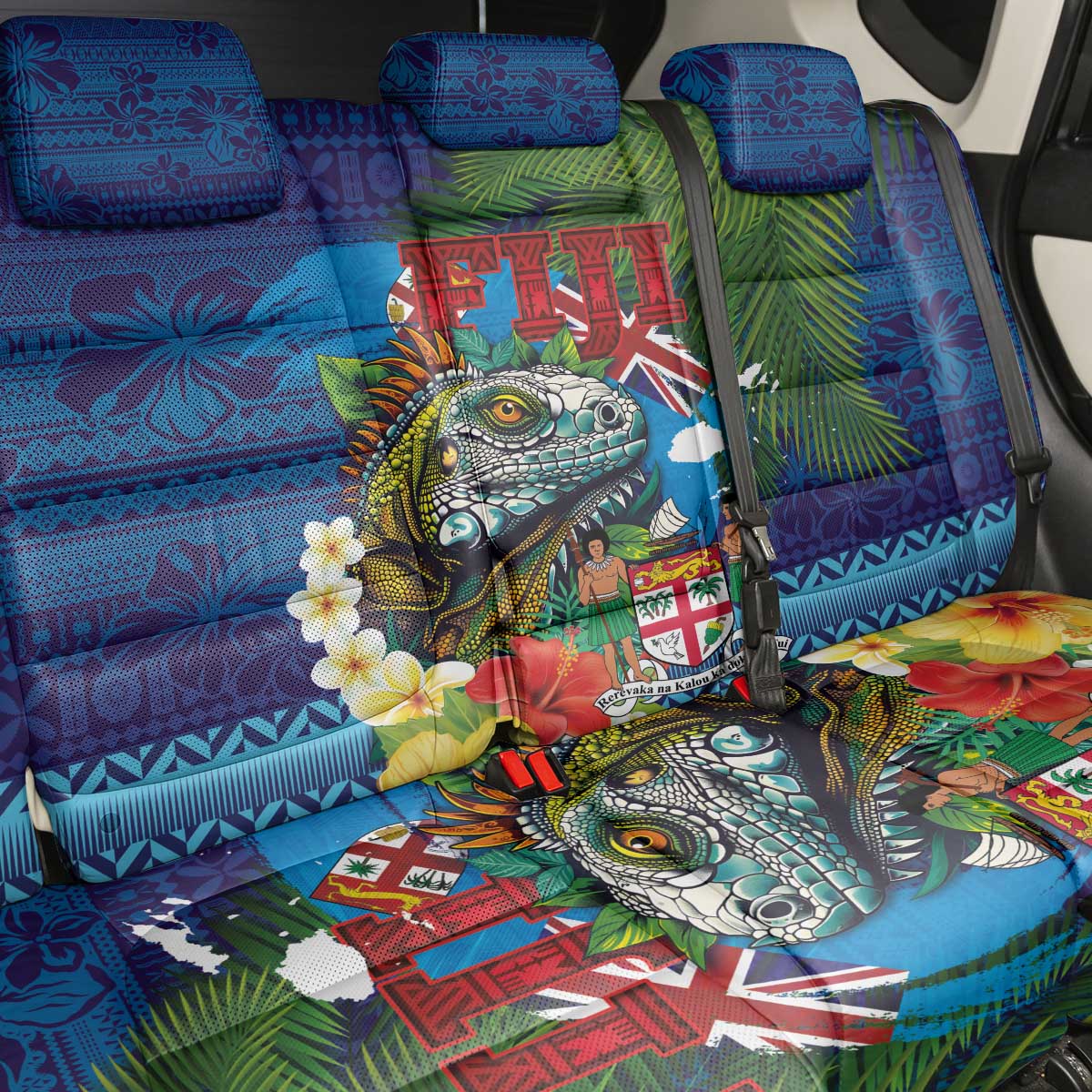 Fiji Iguana-Coat of Arms Back Car Seat Cover with Hibiscus and Plumeria Palm Tree Tapa Art