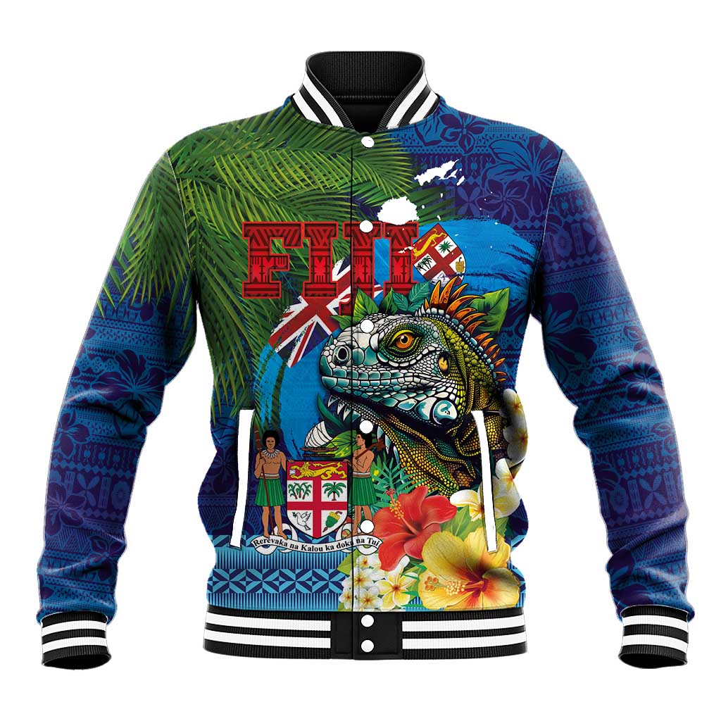 Fiji Iguana-Coat of Arms Baseball Jacket with Hibiscus and Plumeria Palm Tree Tapa Art