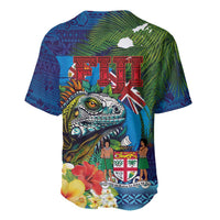Fiji Iguana-Coat of Arms Baseball Jersey with Hibiscus and Plumeria Palm Tree Tapa Art