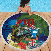 Fiji Iguana-Coat of Arms Beach Blanket with Hibiscus and Plumeria Palm Tree Tapa Art