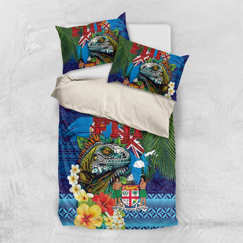 Fiji Iguana-Coat of Arms Bedding Set with Hibiscus and Plumeria Palm Tree Tapa Art