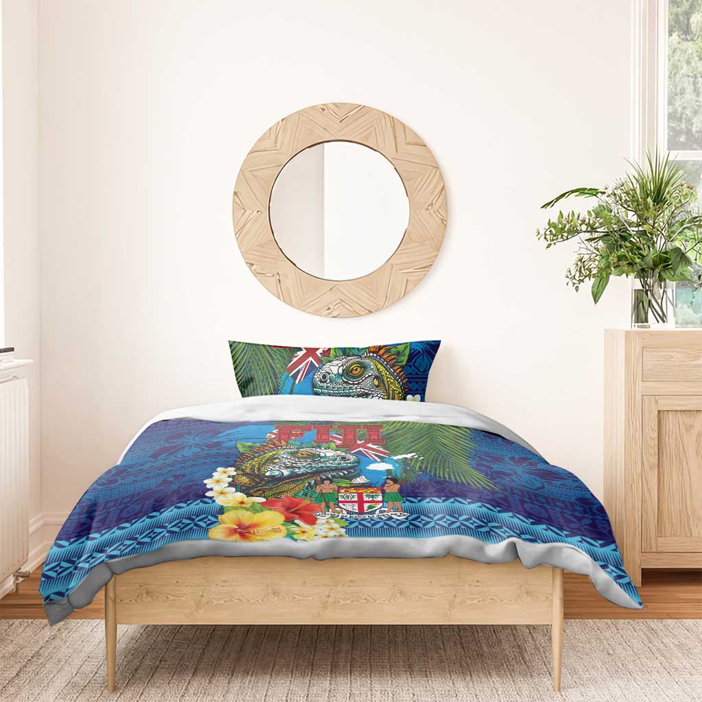 Fiji Iguana-Coat of Arms Bedding Set with Hibiscus and Plumeria Palm Tree Tapa Art