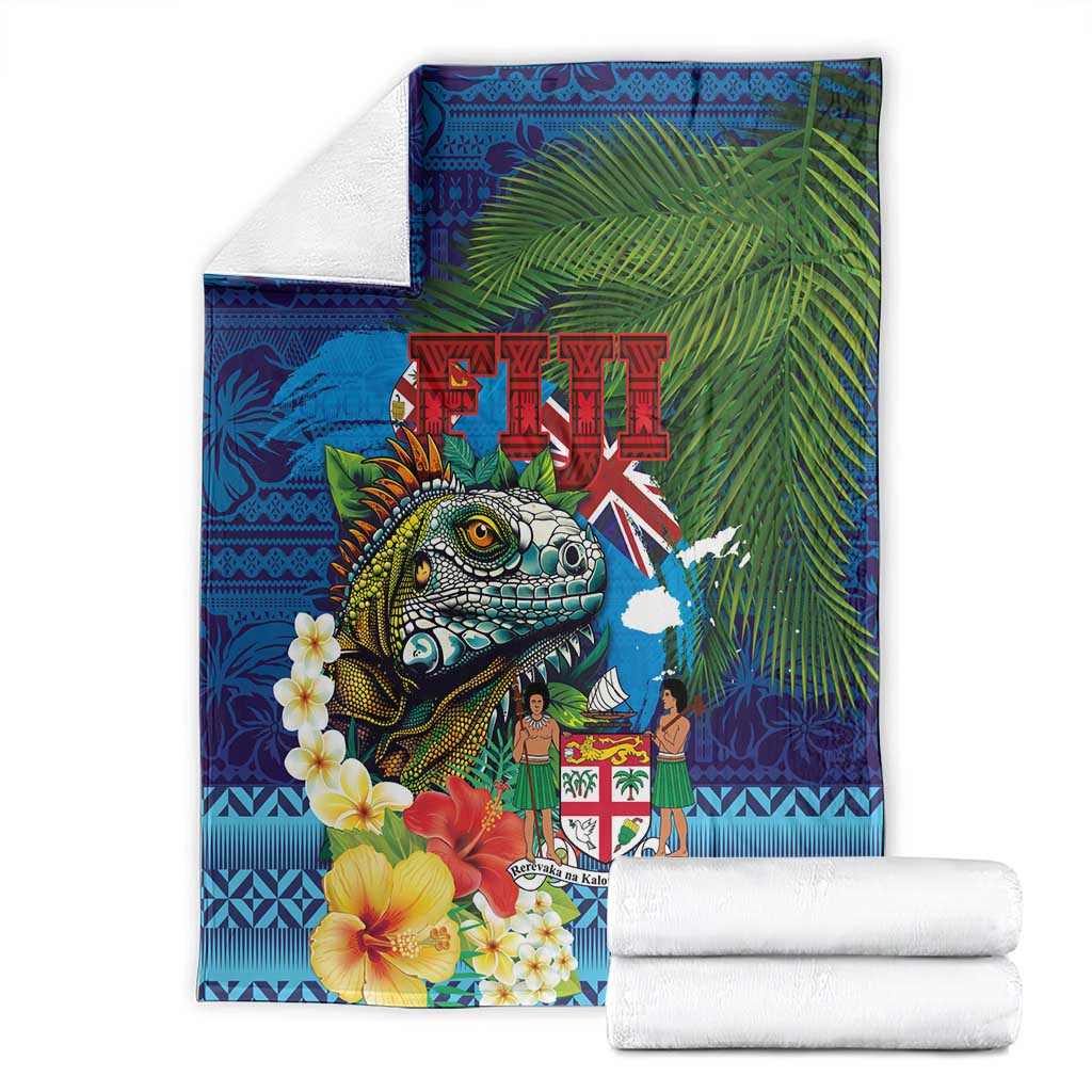 Fiji Iguana-Coat of Arms Blanket with Hibiscus and Plumeria Palm Tree Tapa Art
