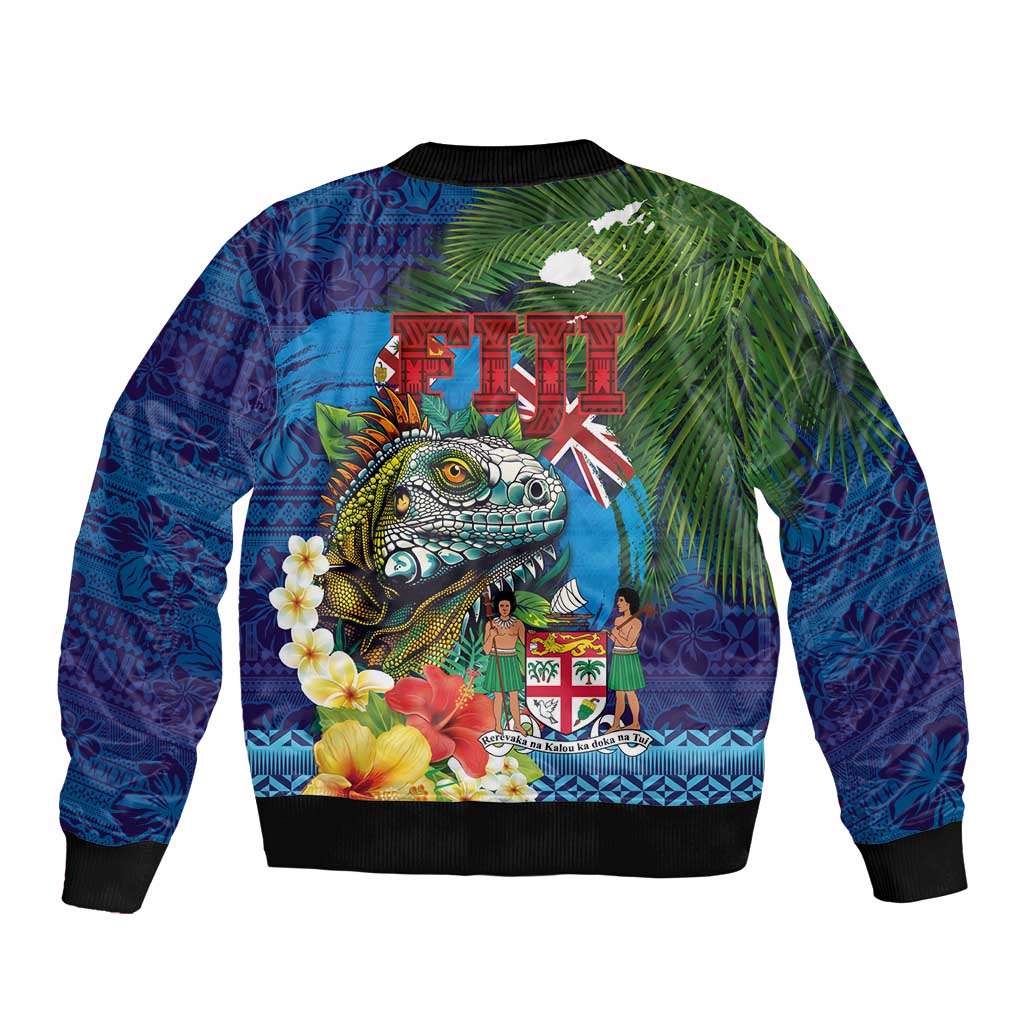 Fiji Iguana-Coat of Arms Bomber Jacket with Hibiscus and Plumeria Palm Tree Tapa Art