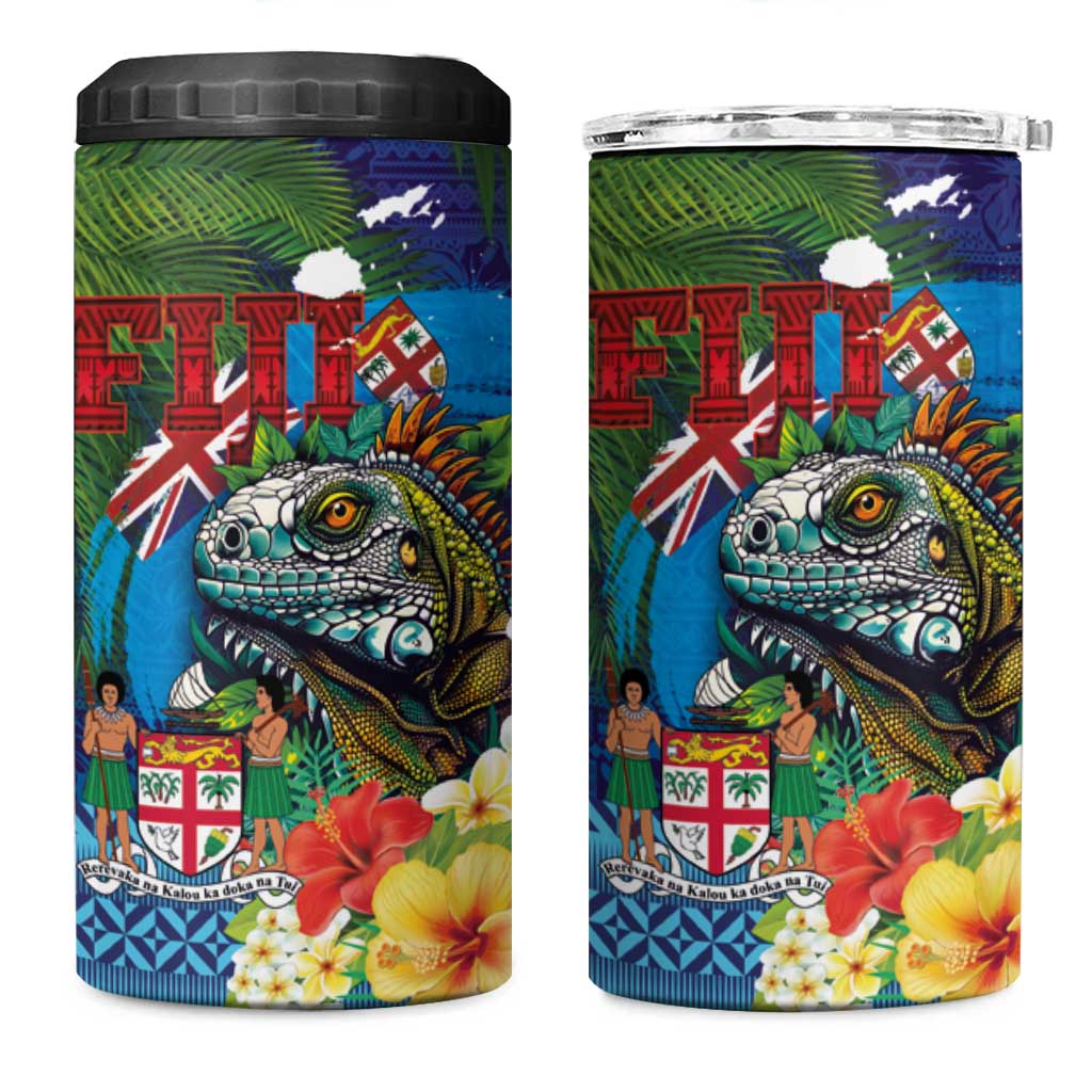 Fiji Iguana-Coat of Arms 4 in 1 Can Cooler Tumbler with Hibiscus and Plumeria Palm Tree Tapa Art