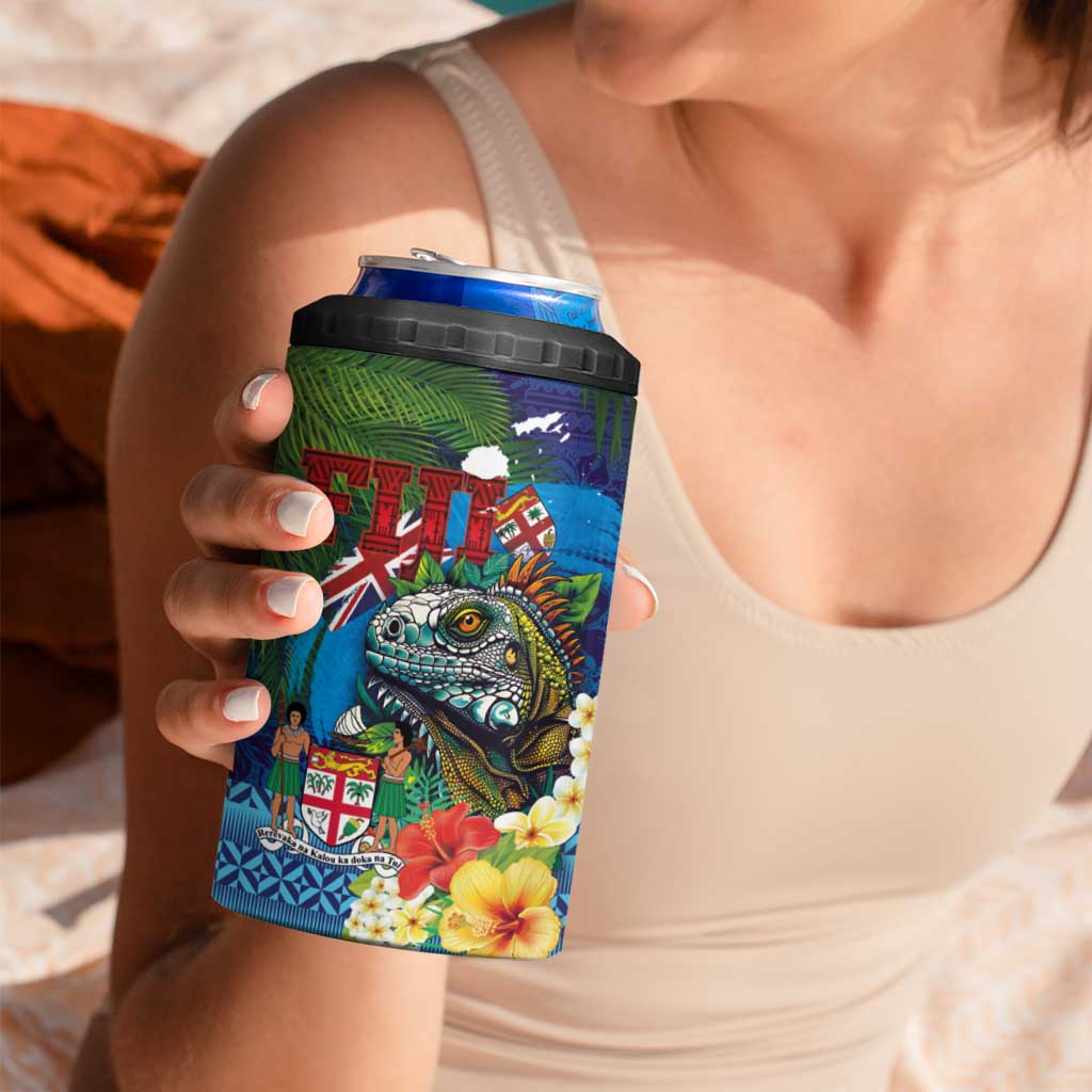 Fiji Iguana-Coat of Arms 4 in 1 Can Cooler Tumbler with Hibiscus and Plumeria Palm Tree Tapa Art