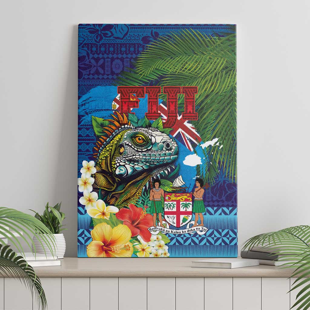 Fiji Iguana-Coat of Arms Canvas Wall Art with Hibiscus and Plumeria Palm Tree Tapa Art